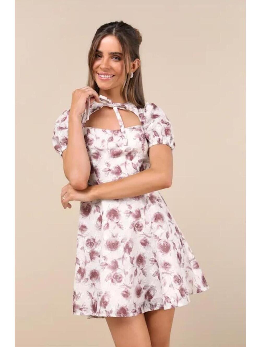 NWT Lulus Major Charmer Ivory Floral Cutout Puff Sleeve Mini Dress garden party